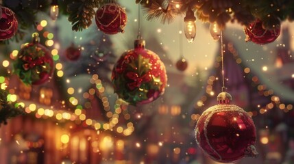 Transport yourself to a whimsical world of holiday cheer, where Christmas balls twinkle in the air amidst a softly blurred setting,  - obrazy, fototapety, plakaty