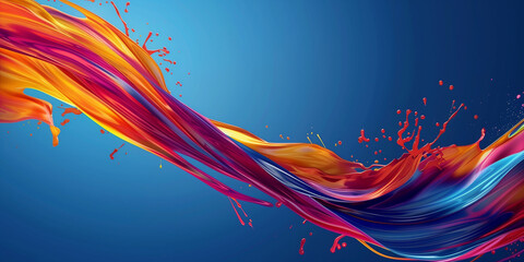 Obraz na płótnie Canvas Splash of multi-colored liquid paint on a blue background, abstract banner. Spray of rainbow paint poster. Bright colorful wallpaper. Digital raster bitmap. Photo style. AI artwork.