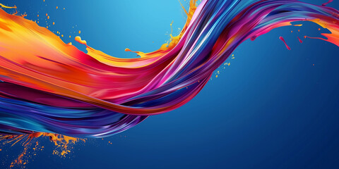 Splash of multi-colored liquid paint on a blue background, abstract banner. Spray of rainbow paint poster. Bright colorful wallpaper. Digital raster bitmap. Photo style. AI artwork.