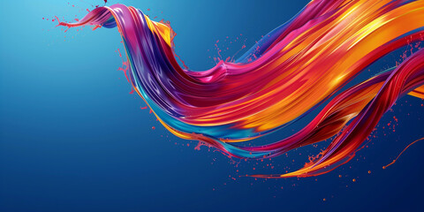 Splash of multi-colored liquid paint on a blue background, abstract banner. Spray of rainbow paint poster. Bright colorful wallpaper. Digital raster bitmap. Photo style. AI artwork.