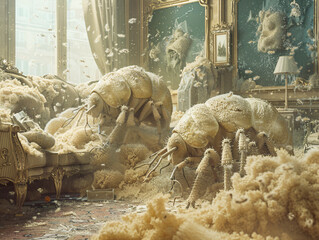 A surreal scene where dust mites embark on a fantastical journey through a macroscopic landscape made of household dust