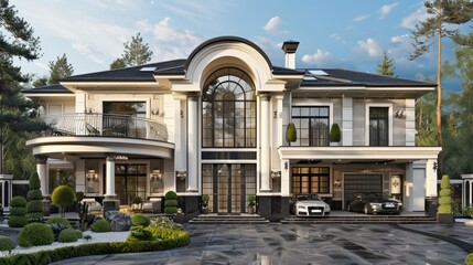 Photorealistic modern luxury house with two floors, primary color of the house is cream and white with trims of deep brown, the house has large windows, 
