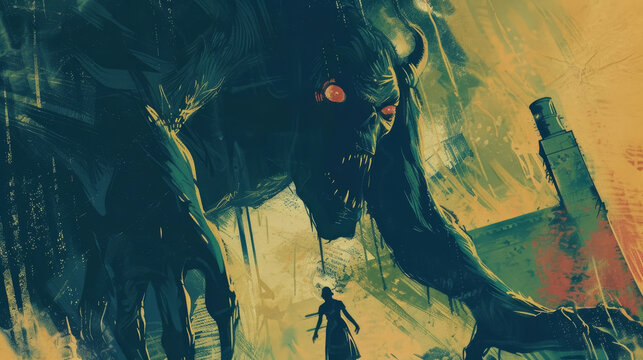 Creature Looming Over Figure in Dystopian Art