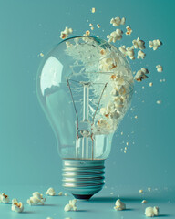 Light bulb that’s cracked and is about to crumble with popcorn flying out of it on a turquoise background. Ideas explosion. 