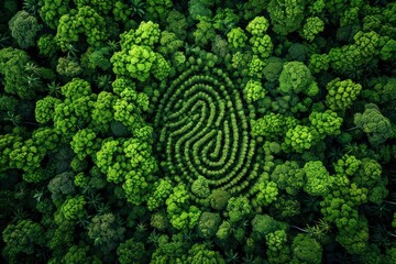 In the middle of an enormous forest of green trees, there lies a sizable human fingerprint.