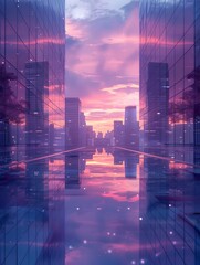 Ethereal Liminal Urban Cityscape at Dusk Reflecting in Puddle Mirror Transition 3D