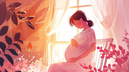 Fototapeta premium Illustration of a pregnant woman holding her belly.