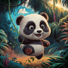 This image presents a whimsical illustration, portraying a jubilant young panda jumping energetically within a thickly grown forest. The panda bears large, expressive eyes and showcases an enchan...