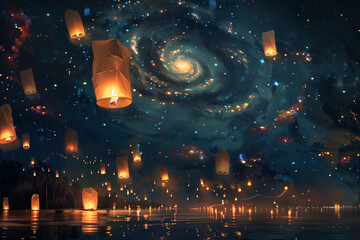 The floating lanterns rise towards a night sky filled with swirling galaxies and celestial bodies