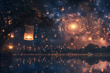 The floating lanterns rise towards a night sky filled with swirling galaxies and celestial bodies