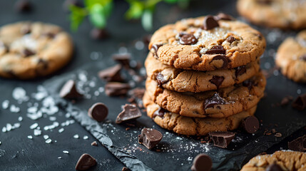 A stack of chocolate chip cookies with a pile of chocolate chips on the table - obrazy, fototapety, plakaty