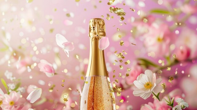 A light pink background paired with a gold champagne bottle