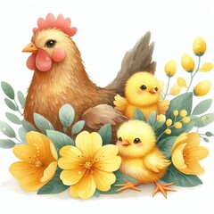 illsutration of Watercolor style illustration for hen famliy yellow flowers. paper art - obrazy, fototapety, plakaty