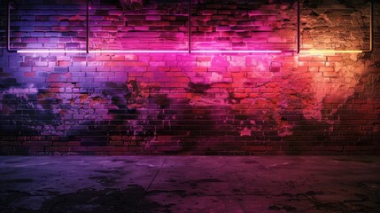 Obraz premium Transport yourself to the heart of the city with an empty background showcasing an old brick wall adorned with neon light, the urban decay and vibrant energy 