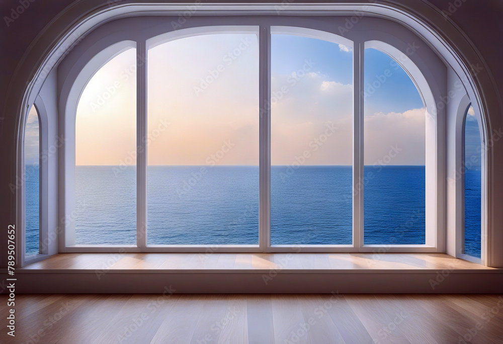 Poster arch window 3d laminate space sea blank architecture design interior wood rendering background view 