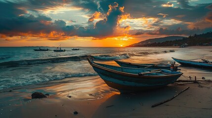 View of traditional fishing boats along the shoreline at sunset on the beach
