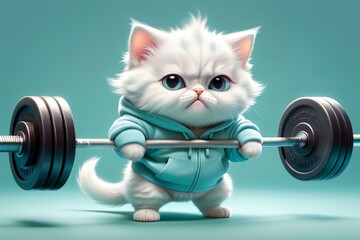 cute kitten goes in for sports, lifts a heavy barbell