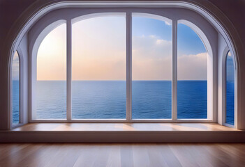 arch window 3d laminate space sea blank architecture design interior wood rendering background View floor three-dimensional abstract apartment bright