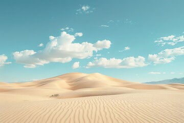 A vast desert landscape with sand dunes under a blue sky with white clouds