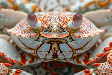 An extreme close up of a red and white crab with a symmetrical face and large eyes. - obrazy, fototapety, plakaty