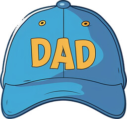 A blue baseball cap with the word "DAD" embroidered on it in yellow letter