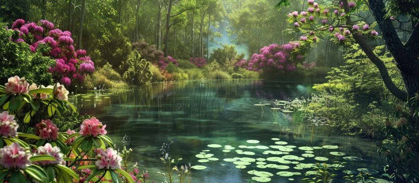 A spring scene featuring a pond and Rhododendron flowers.