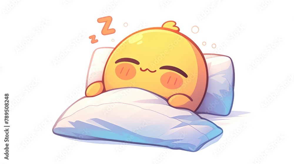 Poster 2d illustration of a sleeping emoticon face doodle icon perfect for web design isolated on a white background A cute yellow emoticon face is included in the 2d graphics