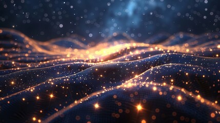 Obraz premium Picture an endless depth of space, where digital waves form a cosmic web. Star-like nodes connect the waves, showcasing the interconnectedness of the universe and digital networks.