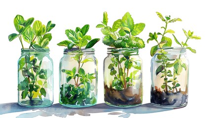 Herb garden, Small herbs growing in a glass jar, bright natural light, white wall