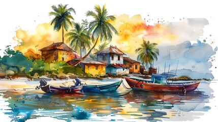 Fishing village , Colorful boats in a fishing village on an island, sunset hues - obrazy, fototapety, plakaty