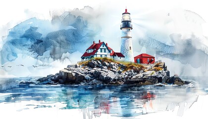 Lighthouse , A lighthouse on a rocky island edge, stormy gray background - obrazy, fototapety, plakaty
