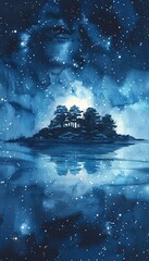 Night sky , Starry night sky over a peaceful island, calm ocean reflections - obrazy, fototapety, plakaty