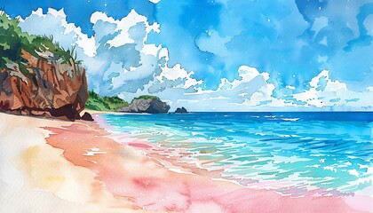 Secluded beach , A secluded beach on an island, soft pink sand, azure sky - obrazy, fototapety, plakaty