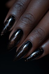 Elegant black stiletto nails with a subtle glitter, showcasing a sophisticated and bold manicure - obrazy, fototapety, plakaty