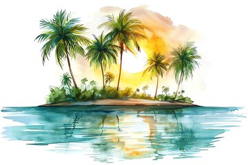 Tropical paradise , Palm trees on a small island, turquoise water, bright sun