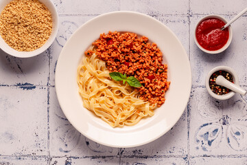 Vegan Bolognese Pasta with plant based minced meat. - 789508645