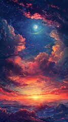 Fototapeta na wymiar A beautiful, colorful, and starry sky with a large moon. The sky is filled with clouds and the sun is setting