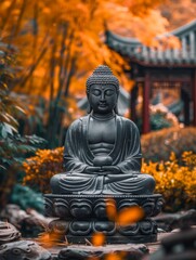A statue of a Buddha is sitting on a rock in a garden. The statue is surrounded by leaves and branches, giving it a peaceful and serene atmosphere