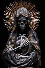 A skeleton is sitting on a statue of a woman. The woman is wearing a black cloak and has a skeleton on her head