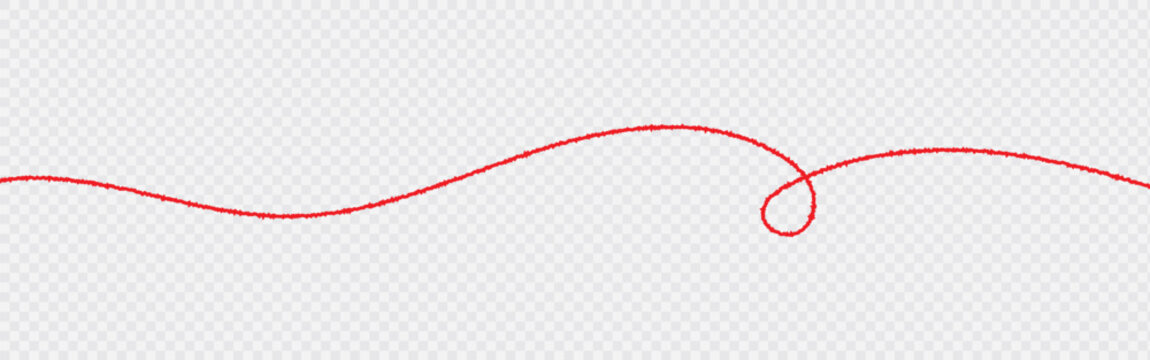 a red silk thread looped in a circle form, extending on both ends, symbolizing the red thread of fate in chinese tradition, on a pure white background with copy space.Line of red yarn, long red thread