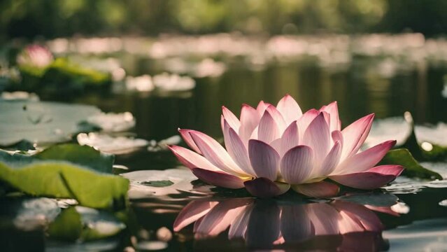 Wide angle image of lotus flower floating in pond