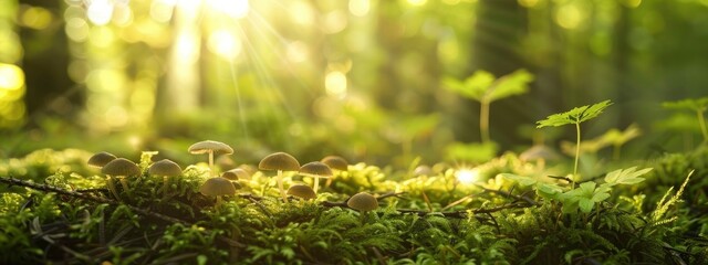 Background of mossy forest with little mushrooms growing on moss under the early morning sun. - obrazy, fototapety, plakaty