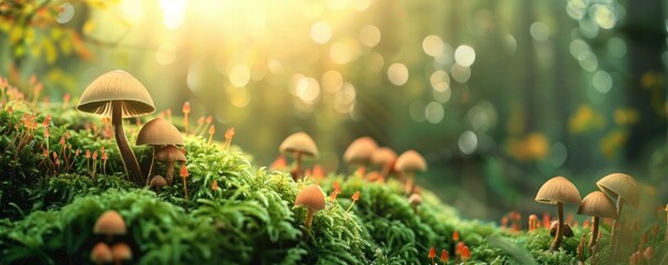 Background of mossy forest with little mushrooms growing on moss under the early morning sun. - obrazy, fototapety, plakaty