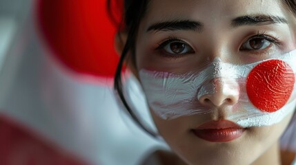 beautiful woman with face painted with the flag of Japan in a stadium. Paris Olympic Games concept