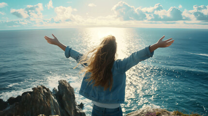 A free woman stands on a cliff overlooking the ocean, her arms wide open, the wind blowing in her hair, representing the freedom and vastness of nature