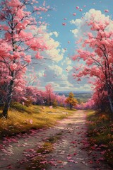 Fototapeta premium A painting of a path through a forest with pink trees and a blue sky. The mood of the painting is peaceful and serene