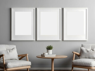 Three empty white vertical rectangle poster mockups were designed. Flat lay, top view. Three blank white rectangle picture frames on a wall design.