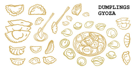 Gyoza and dumplings. Hand drawn isolated vector set. Food menu design template. jiaozi. Chinese, Japanese, Ukrania,  Russian and Korean dumplings.