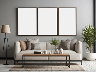 Three empty white vertical rectangle poster mockups were designed. Flat lay, top view. Three blank white rectangle picture frames on a wall design.