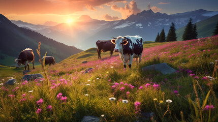 Cows graze in alpine meadows with wildflowers near the mountains.